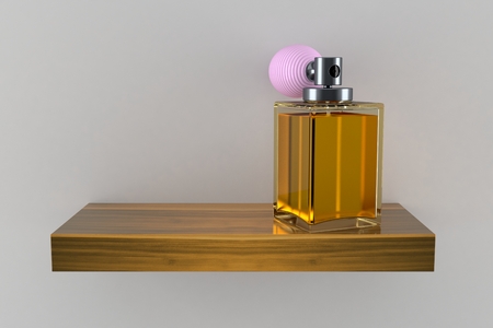 Perfume bottle on wooden shelf isolated on gray background. 3d illustrationの写真素材