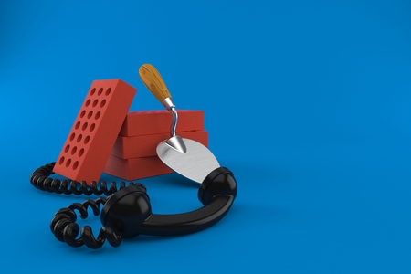 Trowel and bricks with telephone handset isolated on blue background. 3d illustrationの写真素材