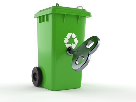 Dustbin with clockwork key isolated on white background. 3d illustrationの写真素材