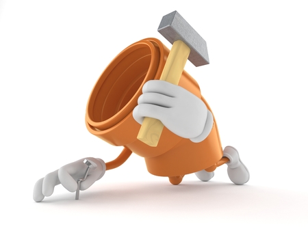 Pipe character holding hammer isolated on white background. 3d illustrationの写真素材