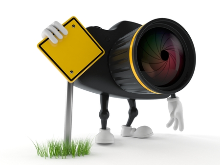 Camera character with blank road sign isolated on white background. 3d illustrationの写真素材