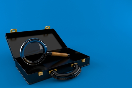 Magnifying glass inside black briefcase isolated on blue background. 3d illustrationの写真素材