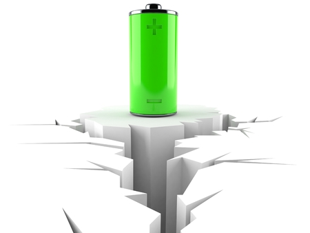 Green battery with cracked hole isolated on white background. 3d illustrationの写真素材