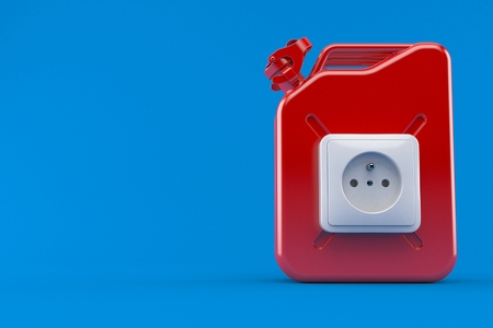 Gasoline canister with electric outlet isolated on blue background. 3d illustrationの写真素材