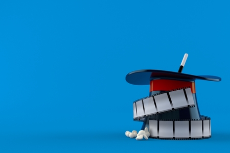 Magic hat with film strip isolated on blue background. 3d illustrationの写真素材