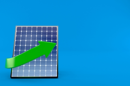 Photovoltaic panel with green arrow isolated on blue background. 3d illustrationの写真素材