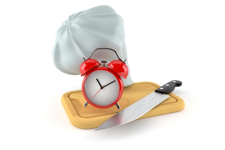Alarm clock with kitchen board and chef's hat isolated on white background. 3d illustrationの写真素材