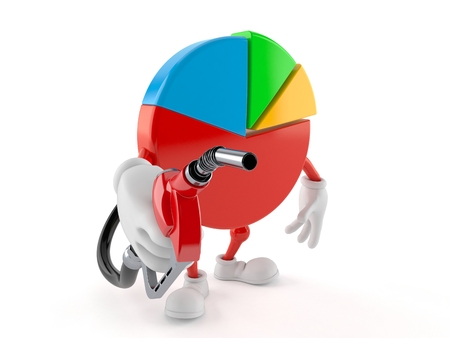Pie chart character holding gasoline nozzle isolated on white background. 3d illustrationの写真素材