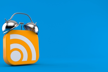 RSS icon with alarm clock isolated on blue background. 3d illustration