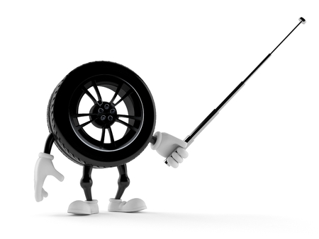 Car wheel character aiming with pointer stick isolated on white background. 3d illustrationの写真素材