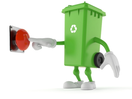 Dustbin character pushing a button isolated on white background. 3d illustrationの写真素材