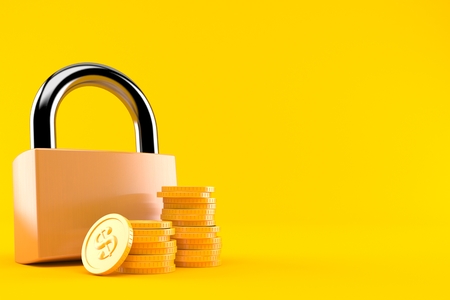 Padlock with stack of coins isolated on orange background. 3d illustration