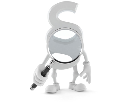 Paragraph character looking through magnifying glass isolated on white background. 3d illustrationの写真素材