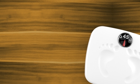 Weight scale on wooden background. 3d illustrationの写真素材