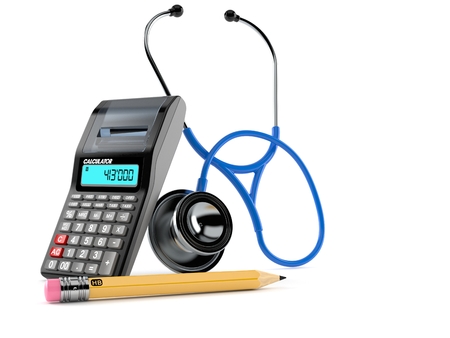 Stethoscope with calculator and pencil isolated on white background. 3d illustrationの写真素材