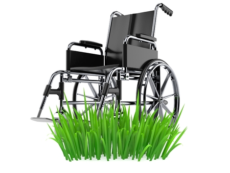 Wheelchair on grass isolated on white background. 3d illustrationの写真素材