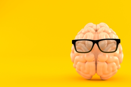 Glasses with brain isolated on orange background. 3d illustrationの写真素材