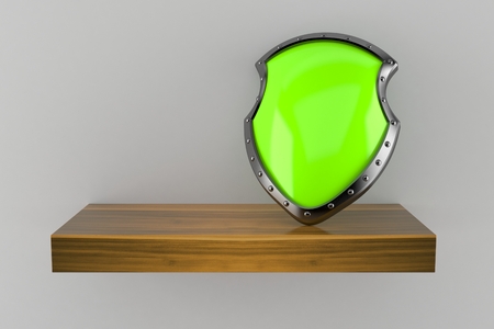 Protective shield on wooden shelf isolated on gray background. 3d illustrationの写真素材