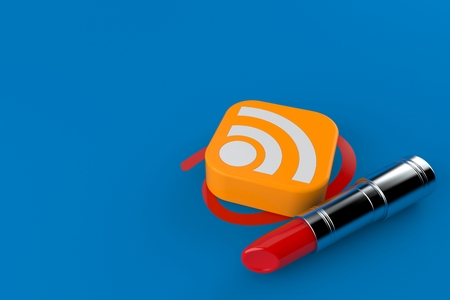 RSS icon selected with lipstick isolated on blue background. 3d illustrationの写真素材