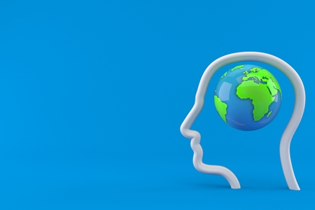 World globe inside head profile isolated on blue background. 3d illustrationの写真素材