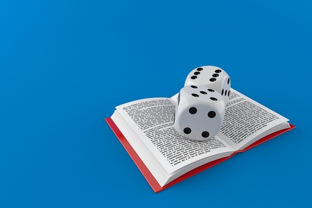 Dice on open book isolated on blue background. 3d illustrationの写真素材