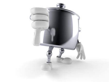 Kitchen pot character with thumb down isolated on white background. 3d illustrationの写真素材