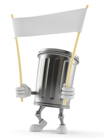 Trash can character holding blank banner isolated on white background. 3d illustrationの写真素材