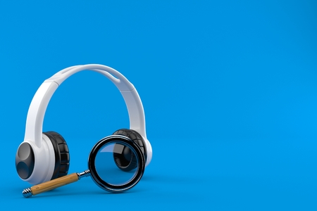 Headphones with magnifying glass isolated on blue background. 3d illustrationの写真素材