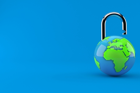 World globe with padlock isolated on blue background. 3d illustrationの写真素材