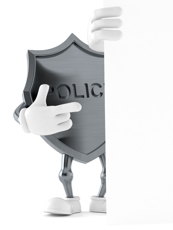 Police badge character pointing behind white board isolated on white background. 3d illustrationの写真素材