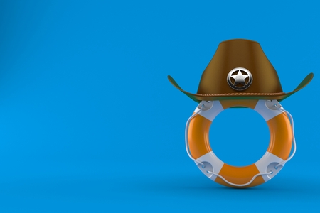 Life buoy with sheriff hat isolated on blue background. 3d illustrationの写真素材