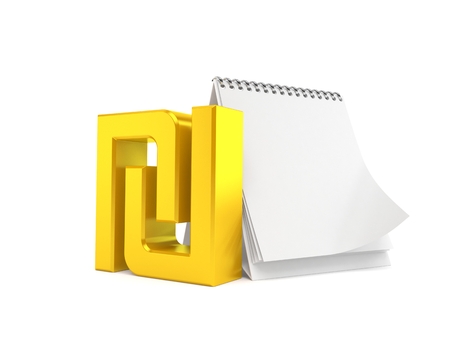 Shekel currency symbol with blank calendar isolated on white background. 3d illustrationの写真素材