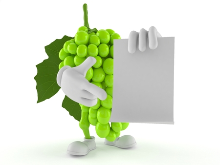 Grapes character holding blank sheet of paper isolated on white background. 3d illustrationの写真素材