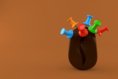 Coffee bean with thumbtacks isolated on brown background. 3d illustrationの写真素材