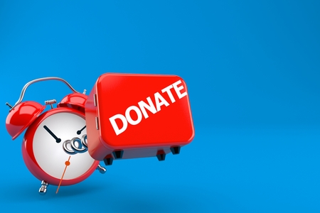 Donate box with alarm clock isolated on blue background. 3d illustrationの写真素材