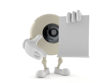 Skateboard wheel character with blank sheet of paper isolated on white background. 3d illustrationの写真素材