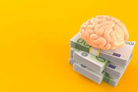 Brain on stack of money isolated on orange background. 3d illustrationの写真素材