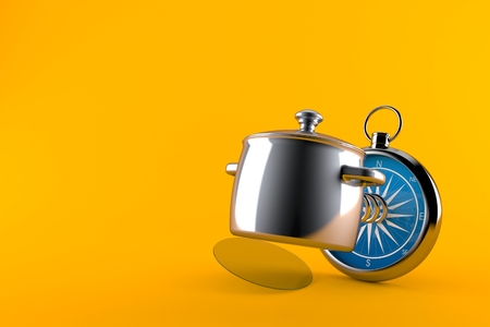 Kitchen pot with compass isolated on orange background. 3d illustrationの写真素材