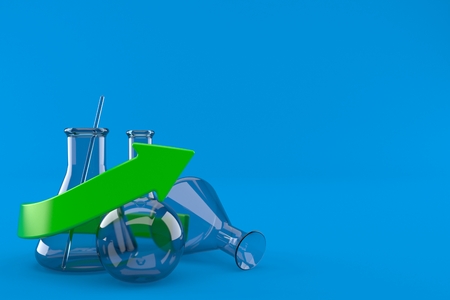 Chemistry flasks with green arrow isolated on blue background. 3d illustrationの写真素材