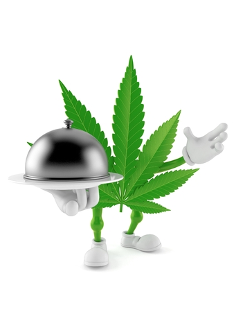 Cannabis character holding catering dome isolated on white background. 3d illustrationの写真素材
