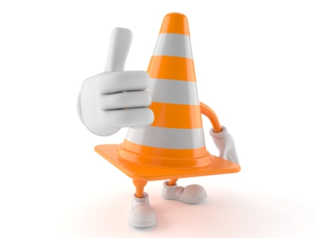 Traffic cone character with thumbs up isolated on white background. 3d illustrationの写真素材