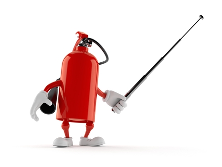 Fire extinguisher character with pointer stick isolated on white background. 3d illustrationの写真素材