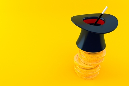 Magic hat with stack of coins isolated on orange background. 3d illustrationの写真素材