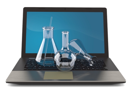 Chemistry flasks with laptop isolated on white background. 3d illustrationの写真素材