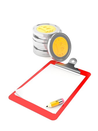 Bitcoins with blank clipboard isolated on white background. 3d illustrationの写真素材