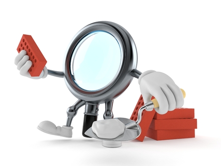Magnifying glass character with trowel and bricks isolated on white background. 3d illustrationの写真素材