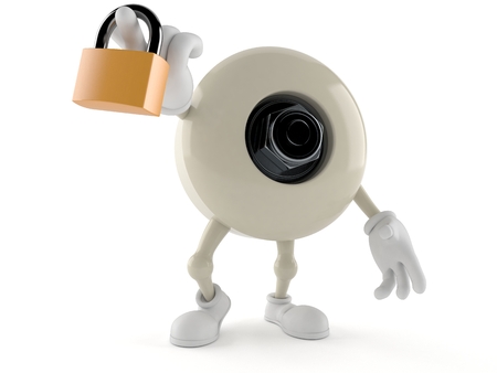 Skateboard wheel character with padlock isolated on white background. 3d illustrationの写真素材