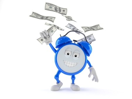 Alarm clock character catching money isolated on white background. 3d illustrationの写真素材