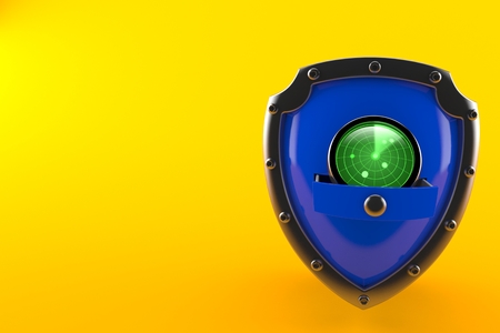 Radar inside shield isolated on orange background. 3d illustrationの写真素材