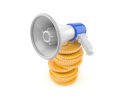 Megaphone with stack of coins isolated on white background. 3d illustrationの写真素材